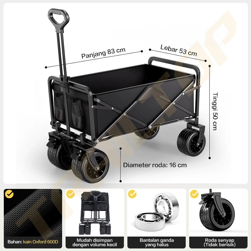 TrailTop Kereta Camping Outdoor Portable Muat Luas Anti Air Ringan Untuk Golf Piknik Angkut Barang