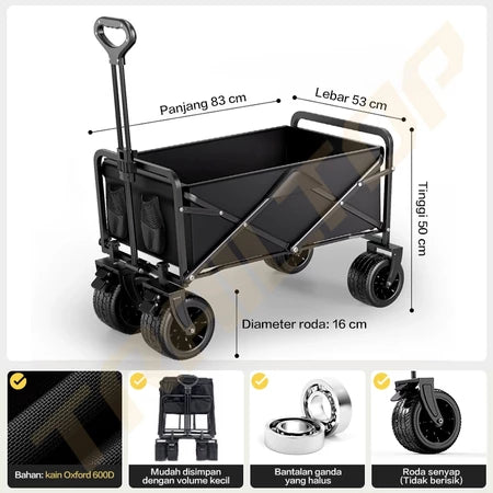 TrailTop Kereta Camping Outdoor Portable Muat Luas Anti Air Ringan Untuk Golf Piknik Angkut Barang