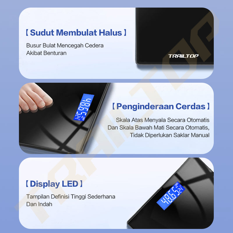 TrailTop Timbangan Badan Digital Scale Kaca Pengukuran Akurat Timbangan Layar LCD Berat Max 180kg