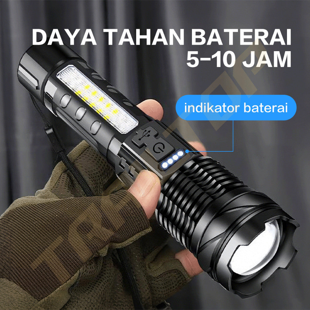 TraiTop Senter LED Zoom Fokus 7 Mode Cahaya USB Rechargeable Lampu COB Samping Super Terang Outdoor