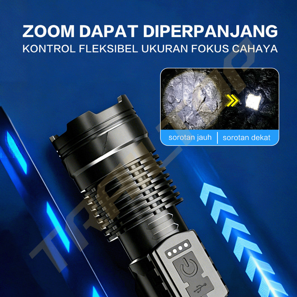 TraiTop Senter LED Zoom Fokus 7 Mode Cahaya USB Rechargeable Lampu COB Samping Super Terang Outdoor