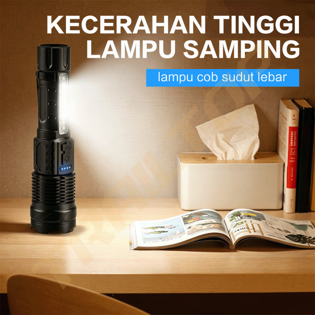 TraiTop Senter LED Zoom Fokus 7 Mode Cahaya USB Rechargeable Lampu COB Samping Super Terang Outdoor