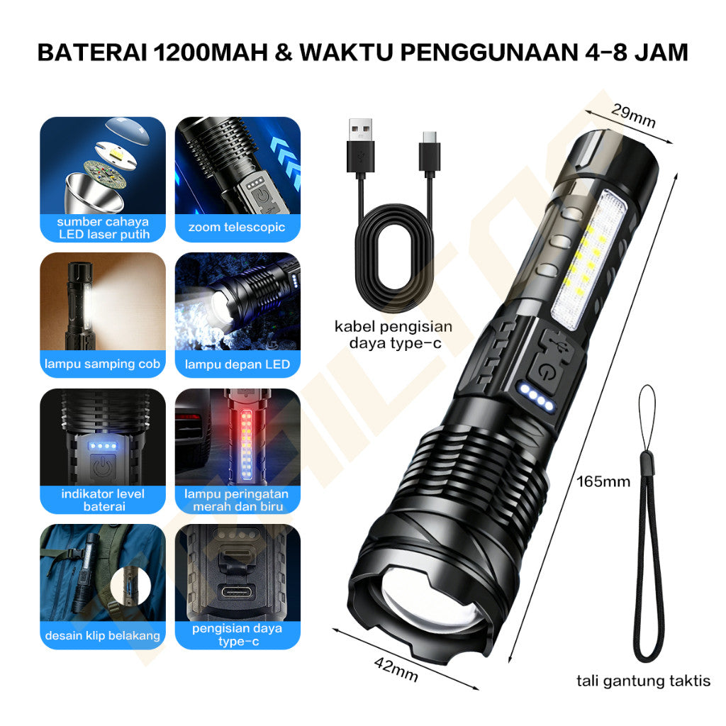 TraiTop Senter LED Zoom Fokus 7 Mode Cahaya USB Rechargeable Lampu COB Samping Super Terang Outdoor