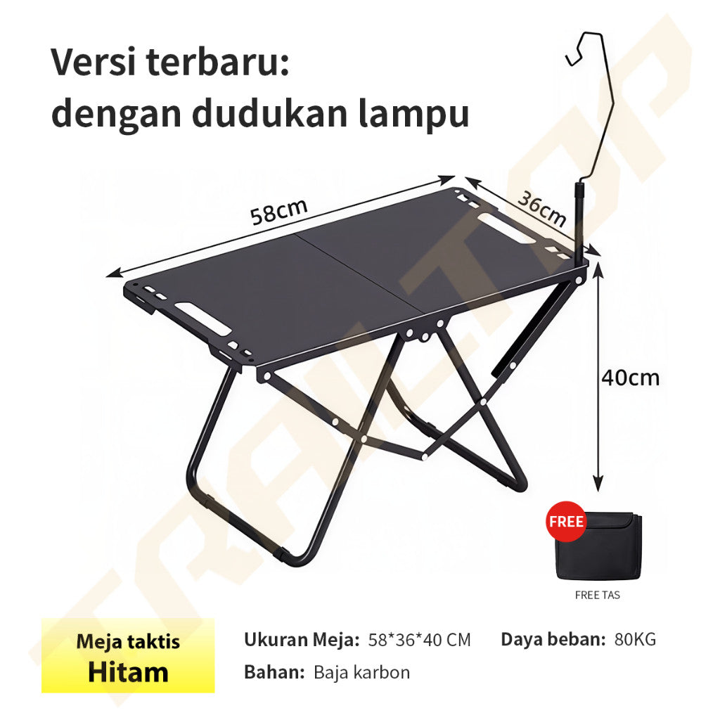 TrailTop Meja Camping Lipat Portable Meja Outdoor Taktis Baja Karbon Kuat 80KG Bonus Tas