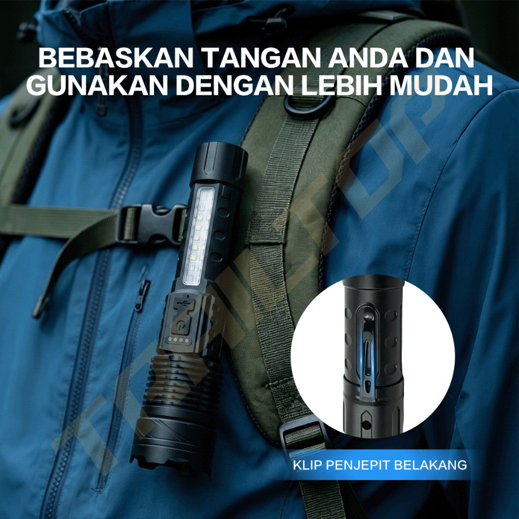TraiTop Senter LED Zoom Fokus 7 Mode Cahaya USB Rechargeable Lampu COB Samping Super Terang Outdoor