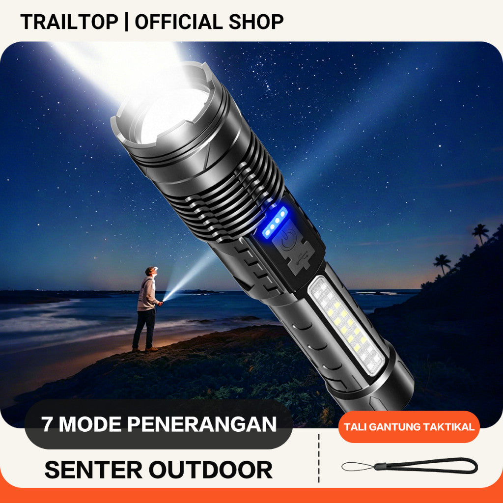 TraiTop Senter LED Zoom Fokus 7 Mode Cahaya USB Rechargeable Lampu COB Samping Super Terang Outdoor
