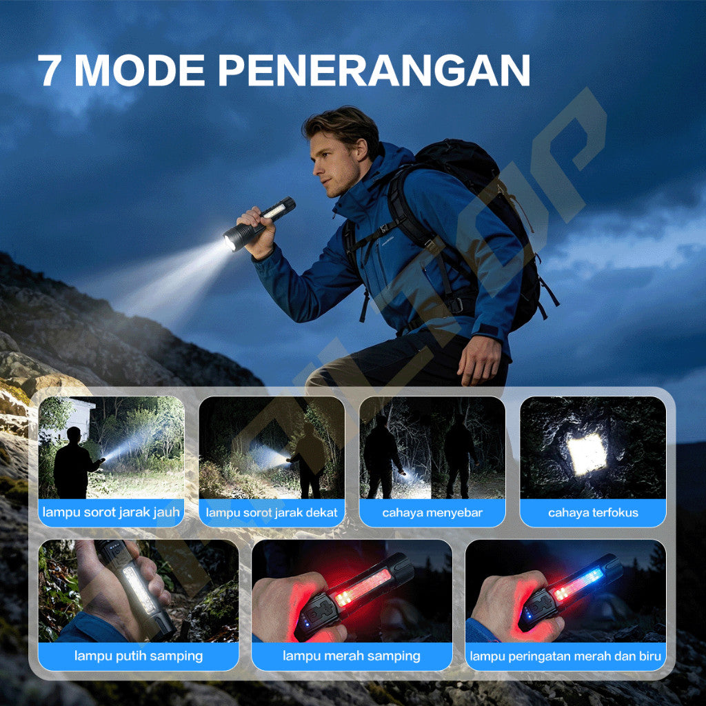 TraiTop Senter LED Zoom Fokus 7 Mode Cahaya USB Rechargeable Lampu COB Samping Super Terang Outdoor