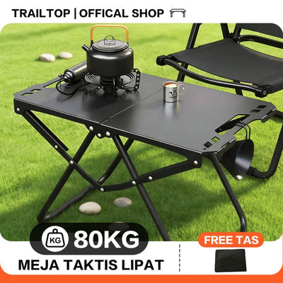 TrailTop Meja Camping Lipat Portable Meja Outdoor Taktis Baja Karbon Kuat 80KG Bonus Tas