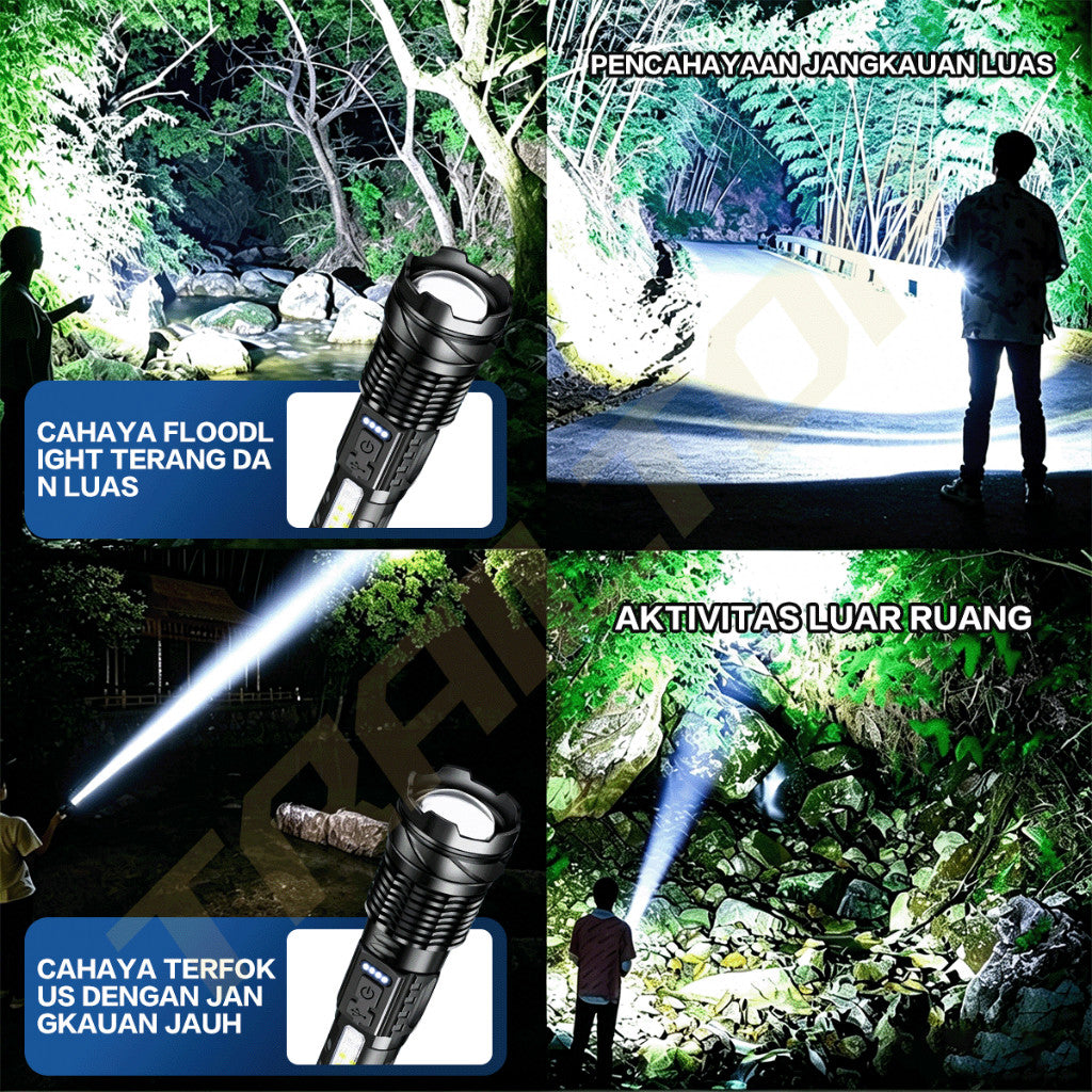 TraiTop Senter LED Zoom Fokus 7 Mode Cahaya USB Rechargeable Lampu COB Samping Super Terang Outdoor