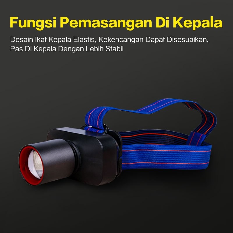 TrailTop Senter Kepala lED Super Terang Tahan 10 Jam Fast Charging Zoom Teleskopik 3000mAh 1000Lumen
