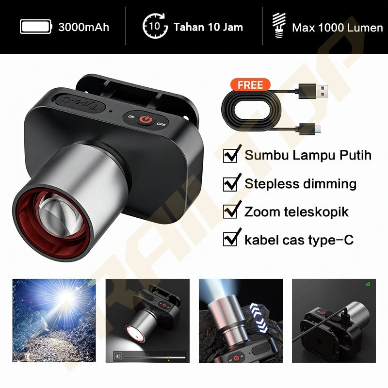 TrailTop Senter Kepala lED Super Terang Tahan 10 Jam Fast Charging Zoom Teleskopik 3000mAh 1000Lumen