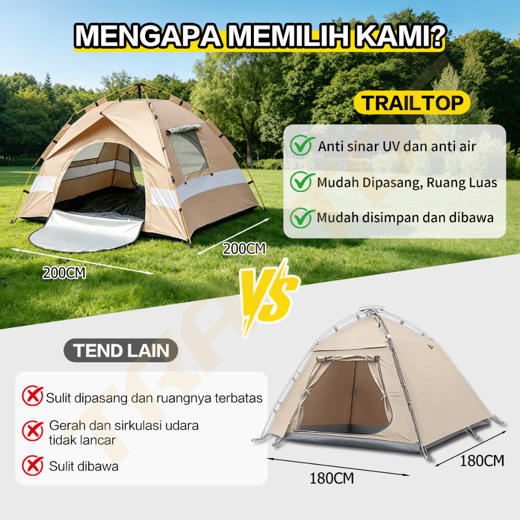 TrailTop Tenda Camping Outdoor Otomatis 4-6 Orang Anti Air Tahan Sinar UV 200x200cm