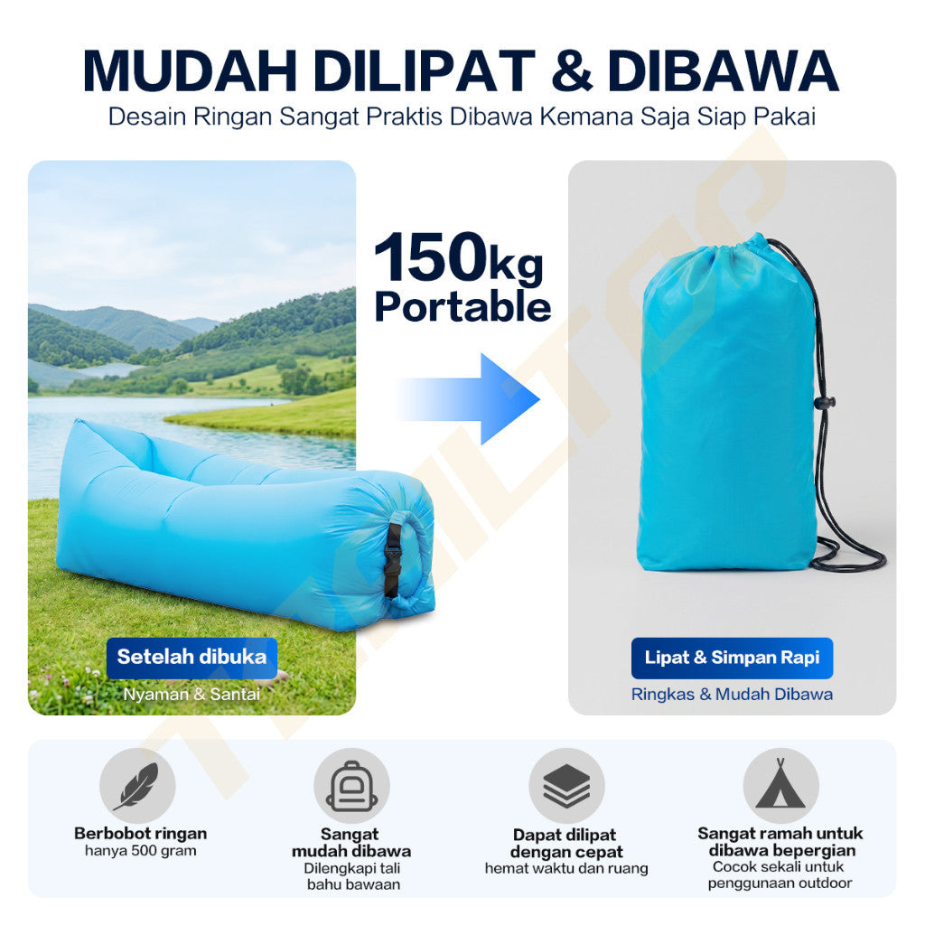 TrailTop Lazy Bag Sofa Angin Camping 190CM Tanpa Pompa Portable Ringan Tahan Air Beban 150KG